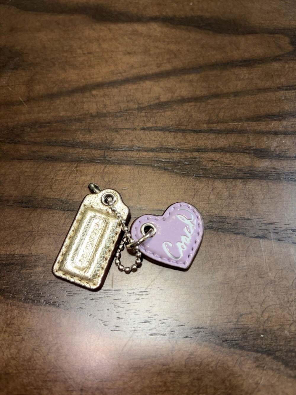 Coach Lavender Heart and Gold Metallic Leather Hangtag Bag Charm Set